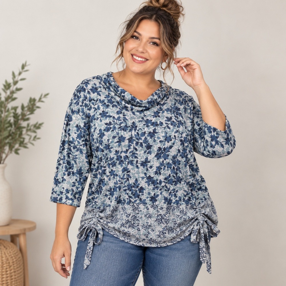 Zac & Rachel Top Womens 2X Blue Floral Cowl Neck Cinched Tie Hem 3/4 Sleeve Knit